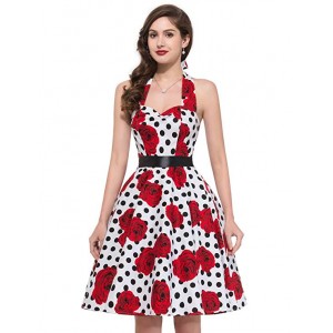 Women Vintage 1950s Halter Cocktail Party Swing Dress with Sash 