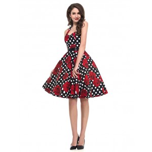 Women Vintage 1950s Halter Cocktail Party Swing Dress with Sash 
