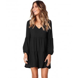 Women Long Sleeve Ruffle Loose Swing Dresses Casual V-Neck Pleated Dress 