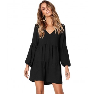 Women Long Sleeve Ruffle Loose Swing Dresses Casual V-Neck Pleated Dress 