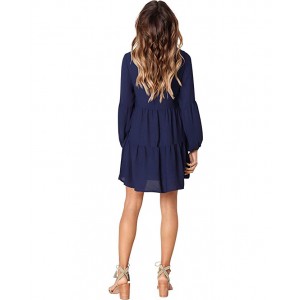 Women Long Sleeve Ruffle Loose Swing Dresses Casual V-Neck Pleated Dress 