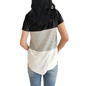 Short Sleeve Round Neck Triple Color Block Stripe T-Shirt Casual Blouse Short Sleeve Round Neck Triple Color Block Stripe T-Shirt Casual Blouse