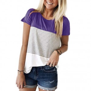 Short Sleeve Round Neck Triple Color Block Stripe T-Shirt Casual Blouse Short Sleeve Round Neck Triple Color Block Stripe T-Shirt Casual Blouse
