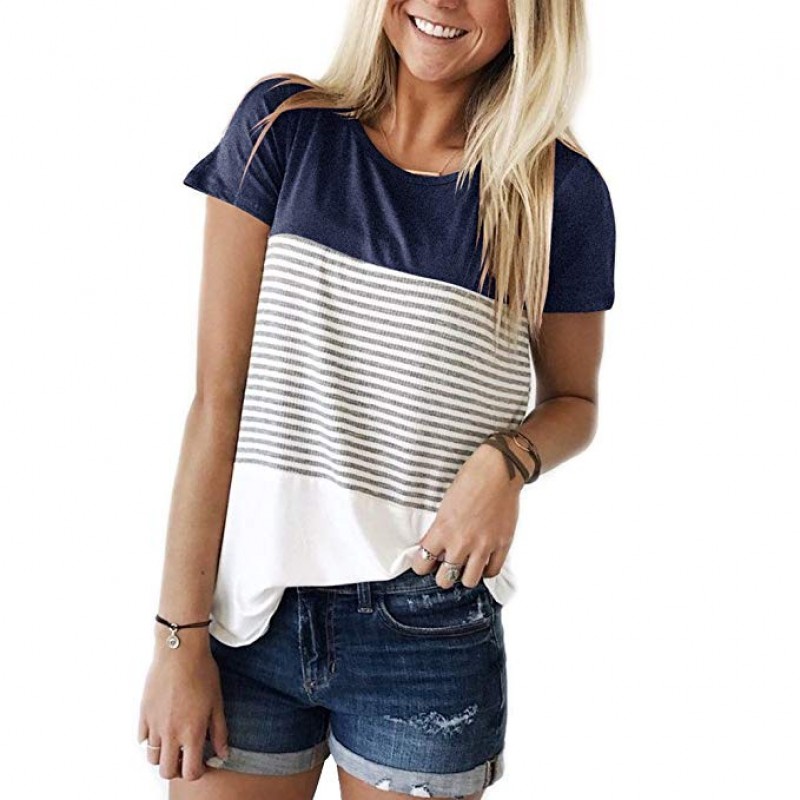Short Sleeve Round Neck Triple Color Block Stripe T-Shirt Casual Blouse Short Sleeve Round Neck Triple Color Block Stripe T-Shirt Casual Blouse