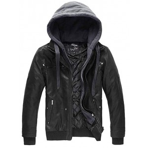 Men's Faux Leather Jacket with Removable Hood
