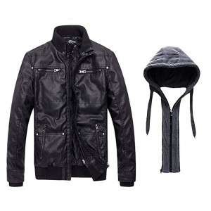 Men's Faux Leather Jacket with Removable Hood