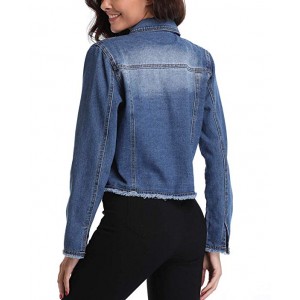 Women’s Washed Frayed Button Up Cropped Jean Jacket w 2 Chest Flap Pockets Women’s Washed Frayed Button Up Cropped Jean Jacket w 2 Chest Flap Pockets