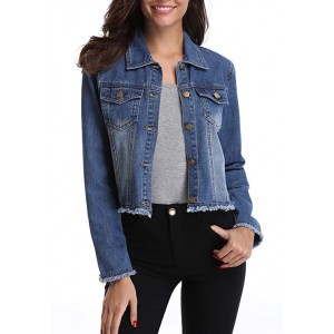 Women’s Washed Frayed Button Up Cropped Jean Jacket w 2 Chest Flap Pockets