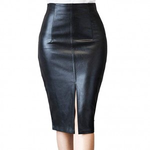 Women's Black Faux Leather Pencil Skirt with Slit High Waist Knee Length Slim Skirt