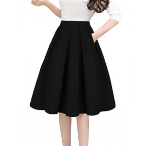 Women's Vintage A-line Printed Pleated Flared Midi Skirts with Pockets