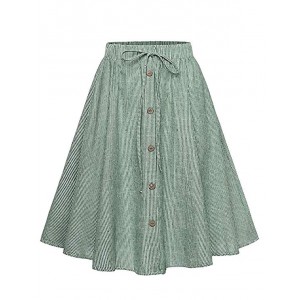 Women's A-Line High Waisted Button Front Drawstring Pleated Midi Skirt 