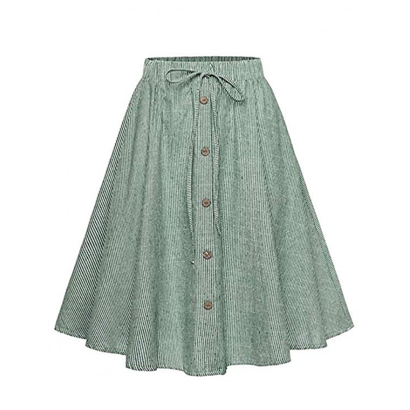 Women's A-Line High Waisted Button Front Drawstring Pleated Midi Skirt Women's A-Line High Waisted Button Front Drawstring Pleated Midi Skirt